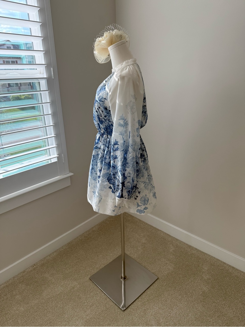 Anthropologie Blue & White Floral Mini Dress with Lace Trim - Picture 9 of 12